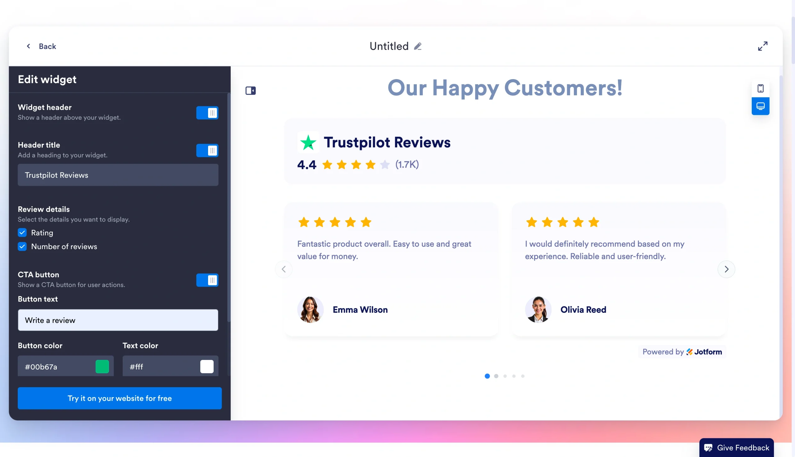 Jotform Trustpilot Reviews widget customization screen with live preview and settings for review details, CTA buttons, and colors