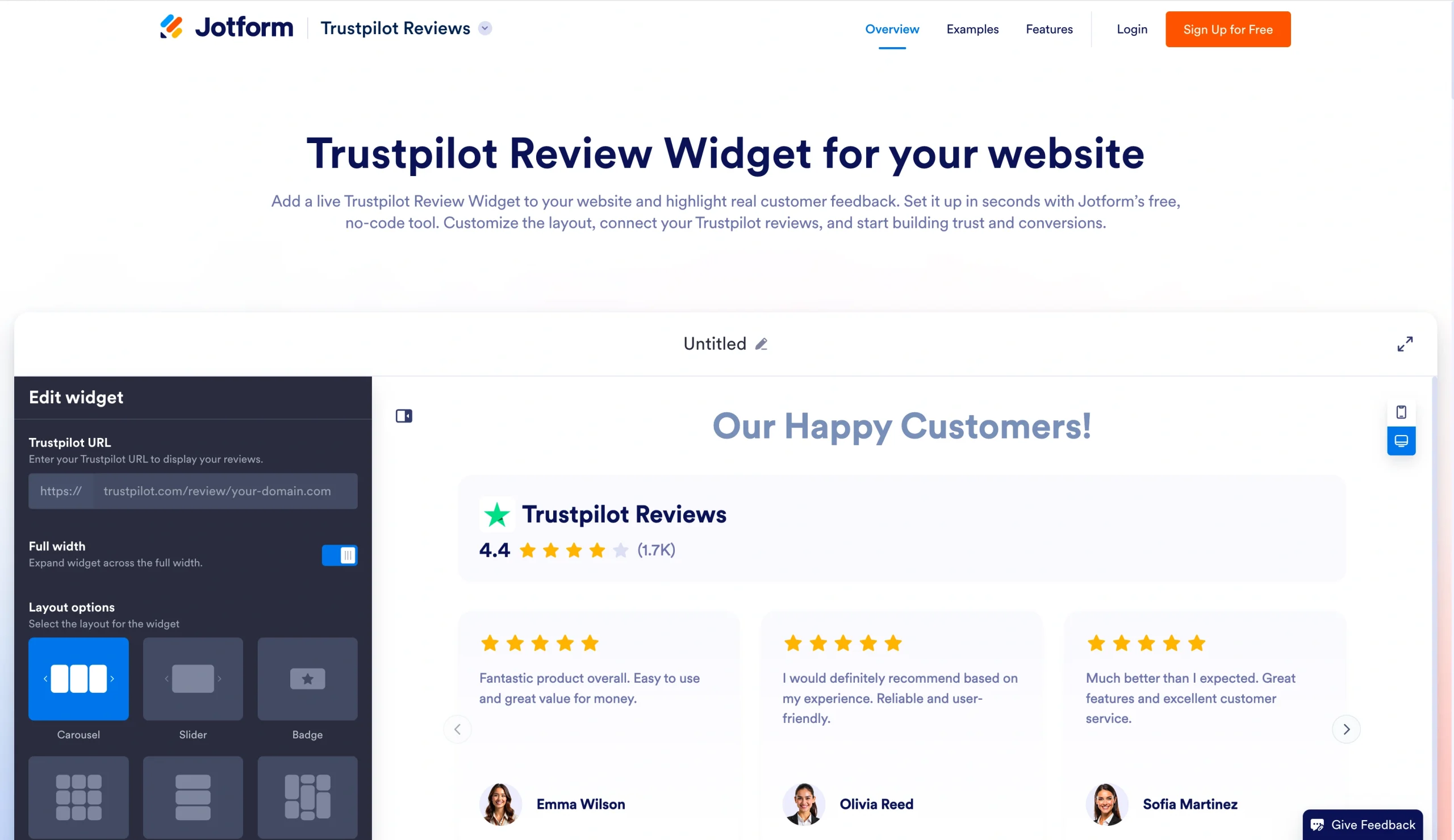 Jotform Trustpilot Review Widget editor with customer review preview