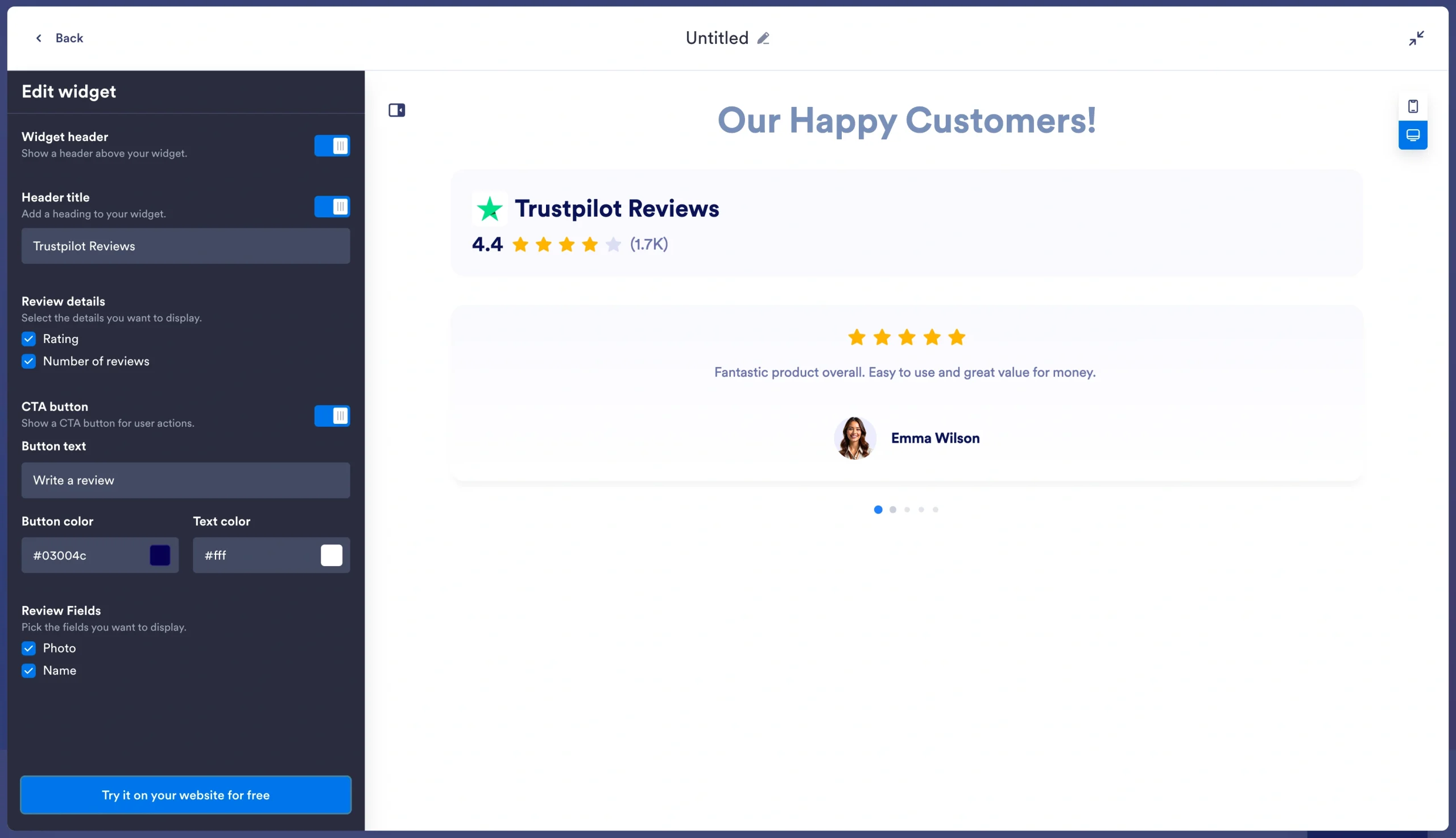 Review details and CTA button settings in the Jotform widget editor
