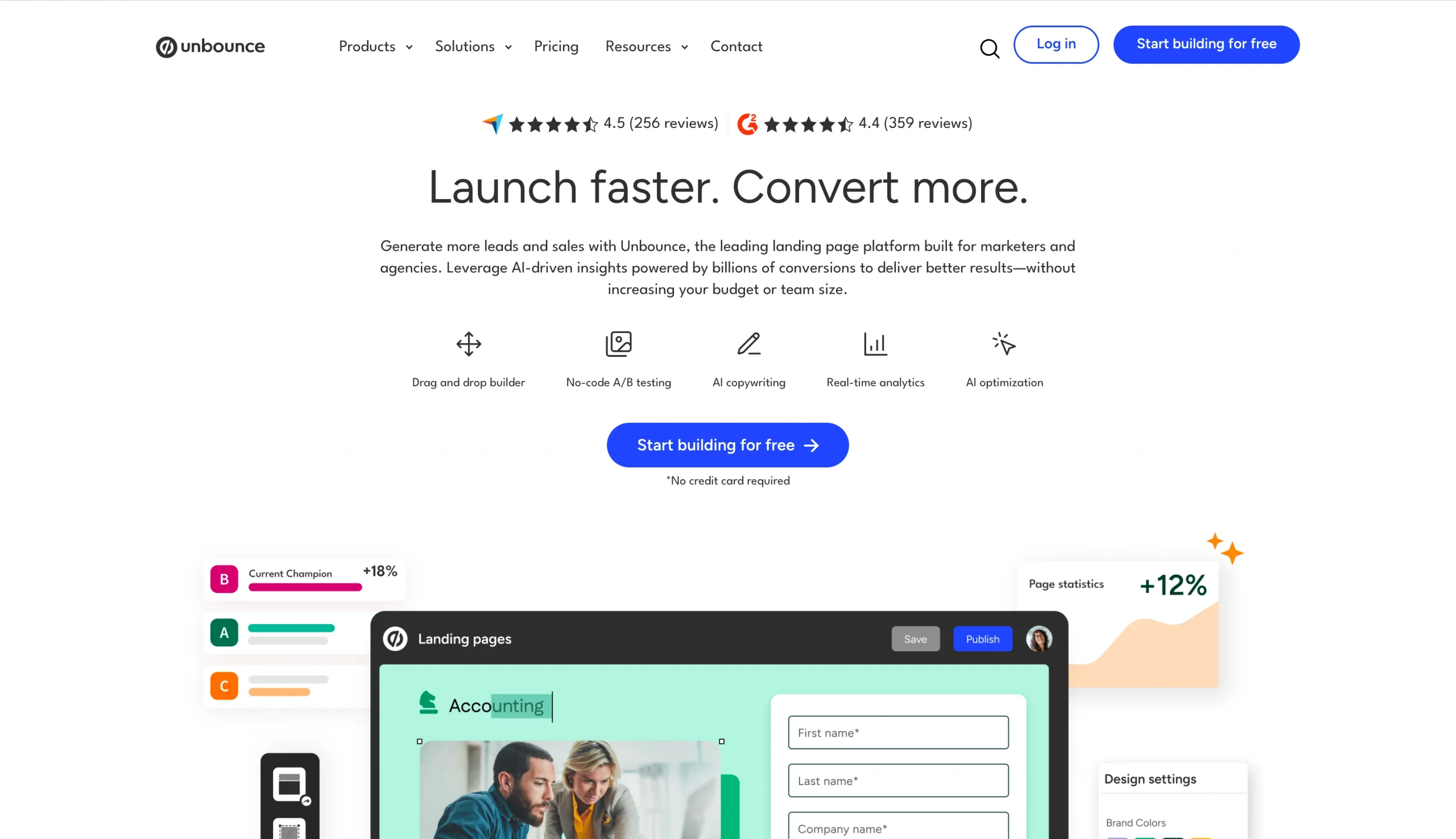 Screenshot of the Unbounce landing page, showing a headline "Launch faster