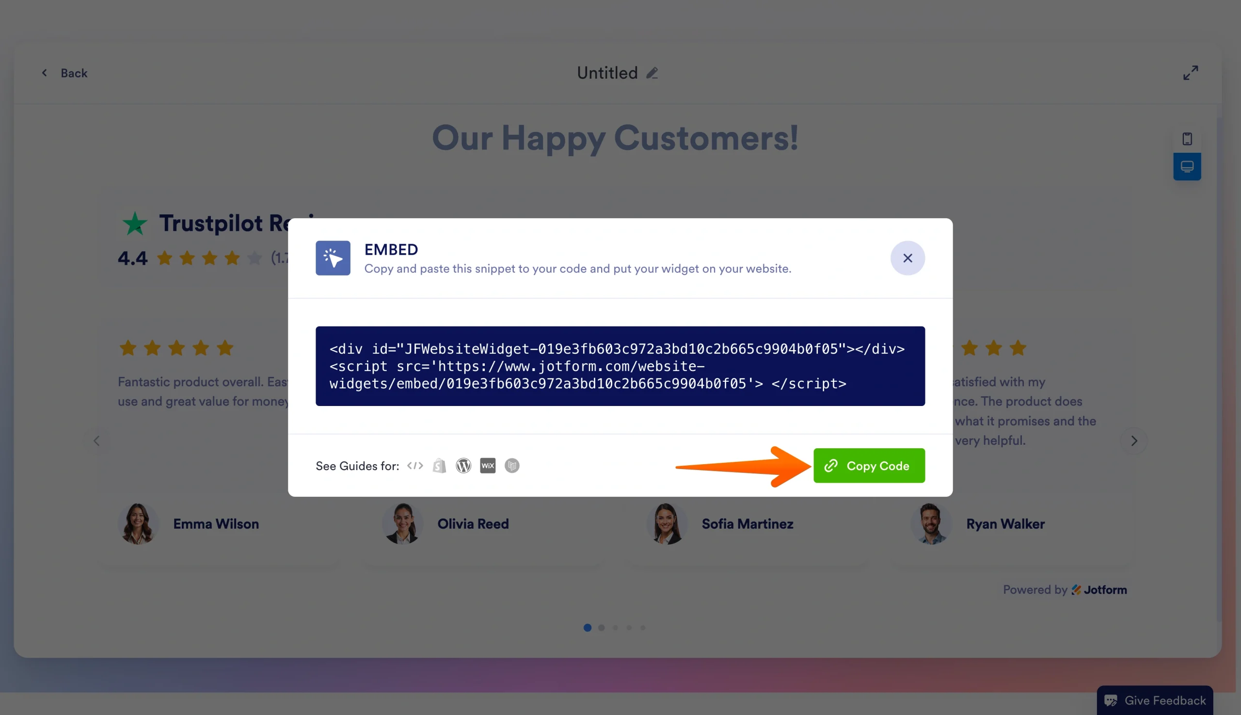 Embed code popup showing the generated Jotform widget code and Copy Code button