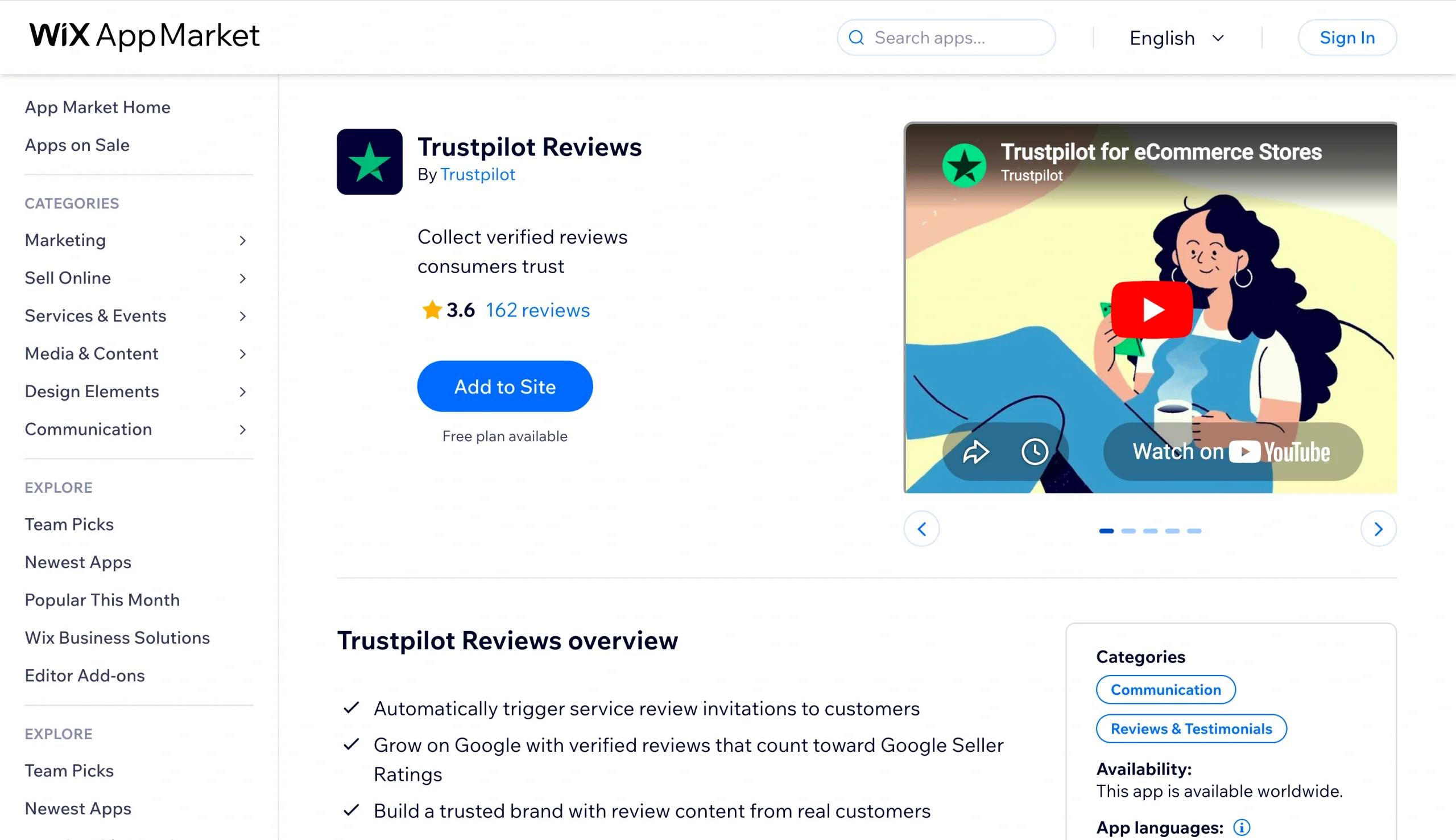Screenshot of the Wix App Market listing for Trustpilot Reviews, showing the app overview, rating, “Add to Site” button, promotional video preview, and review collection features