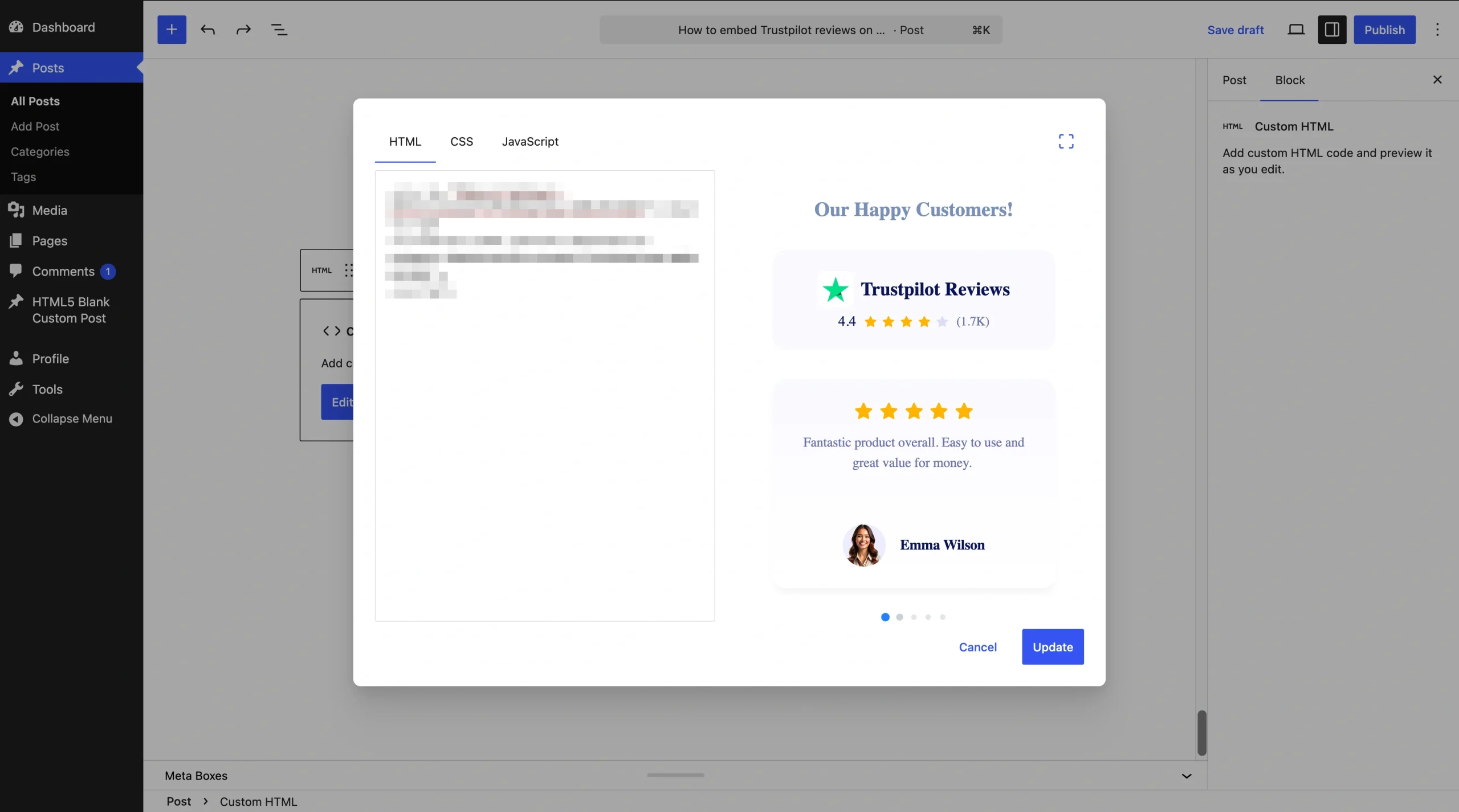 WordPress Custom HTML block with embedded Trustpilot review widget