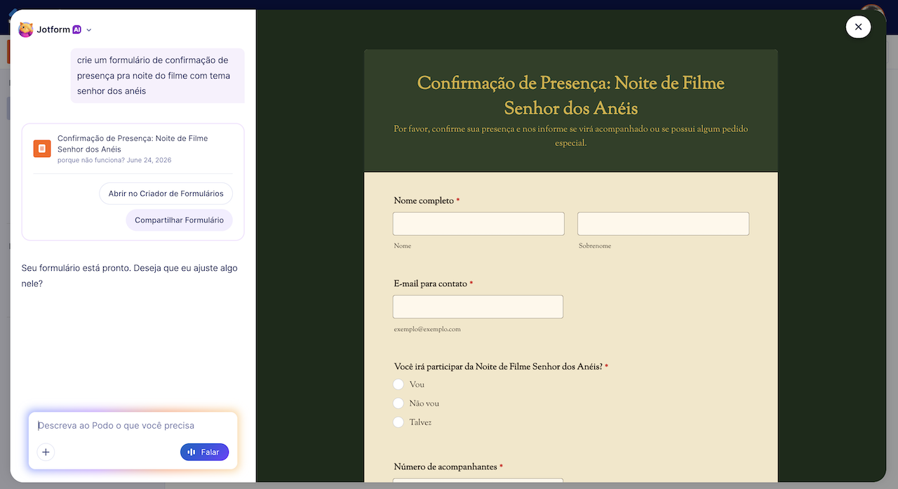Captura de tela de uma conversa com a IA Jotform exibindo a mensagem: "Crie um formulário de confirmação de presença pra noite do filme com tema Senhor dos Anéis"
