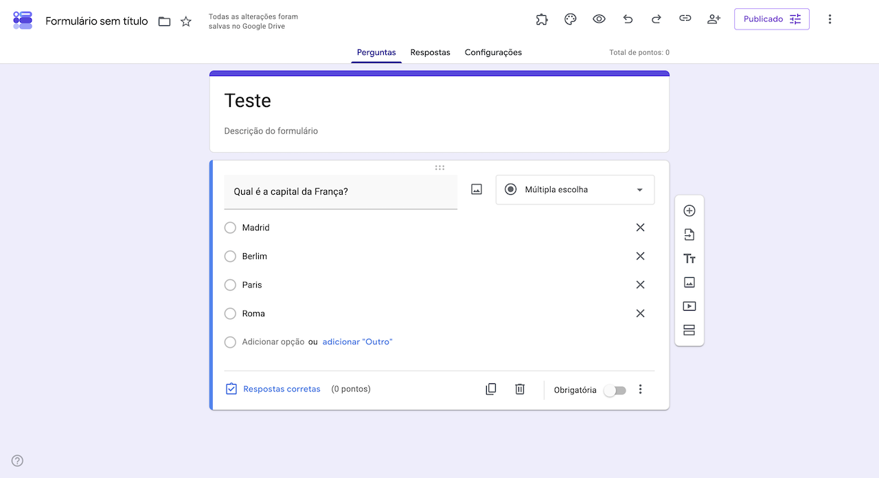 Pergunta de múltipla escolha no Formulários Google