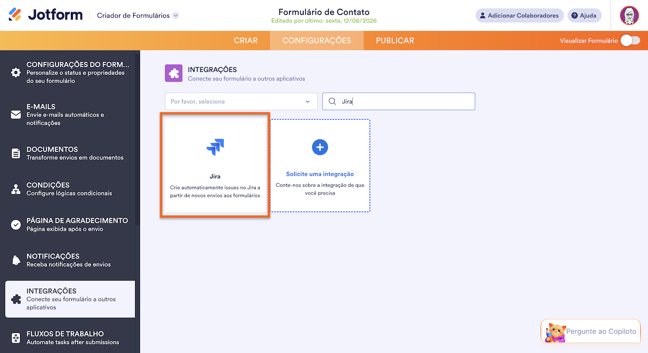 Clicando na aba Integrações e pesquisando por Jira