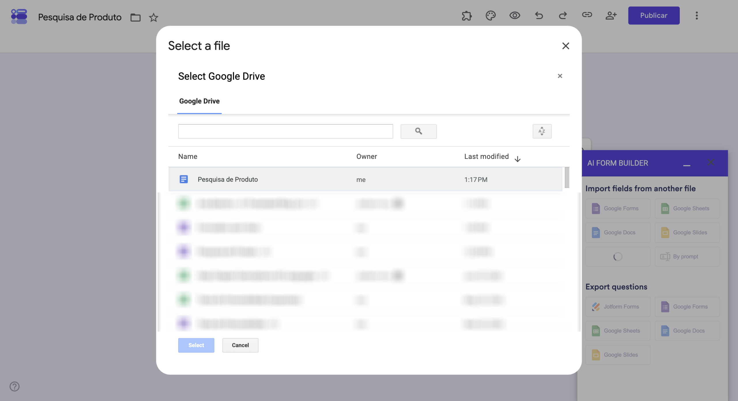 Selecionando arquivo no Google Drive