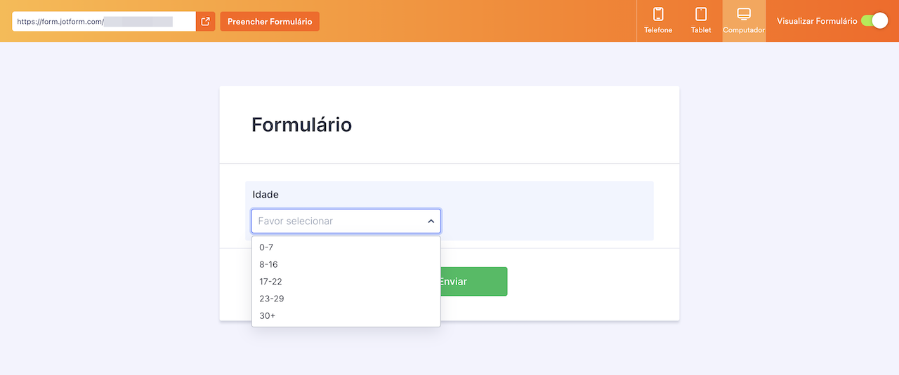 Pergunta de menu suspenso no criador Jotform