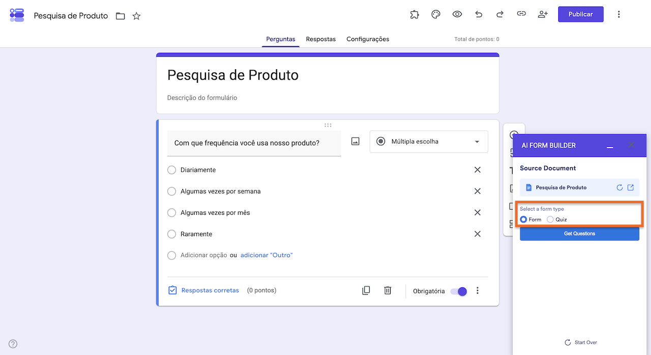 Selecionando um tipo de formulário no AI Form Builder