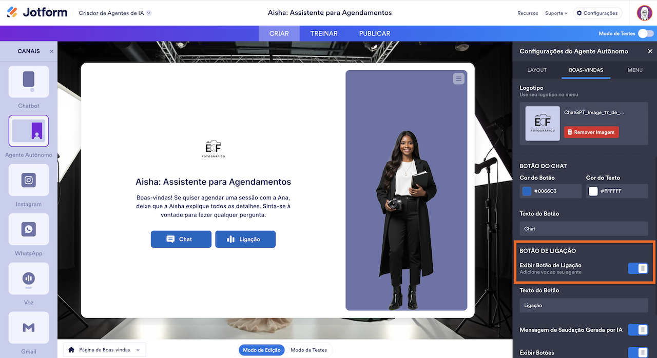 Botão de ligação nas configurações da página de boas-vindas