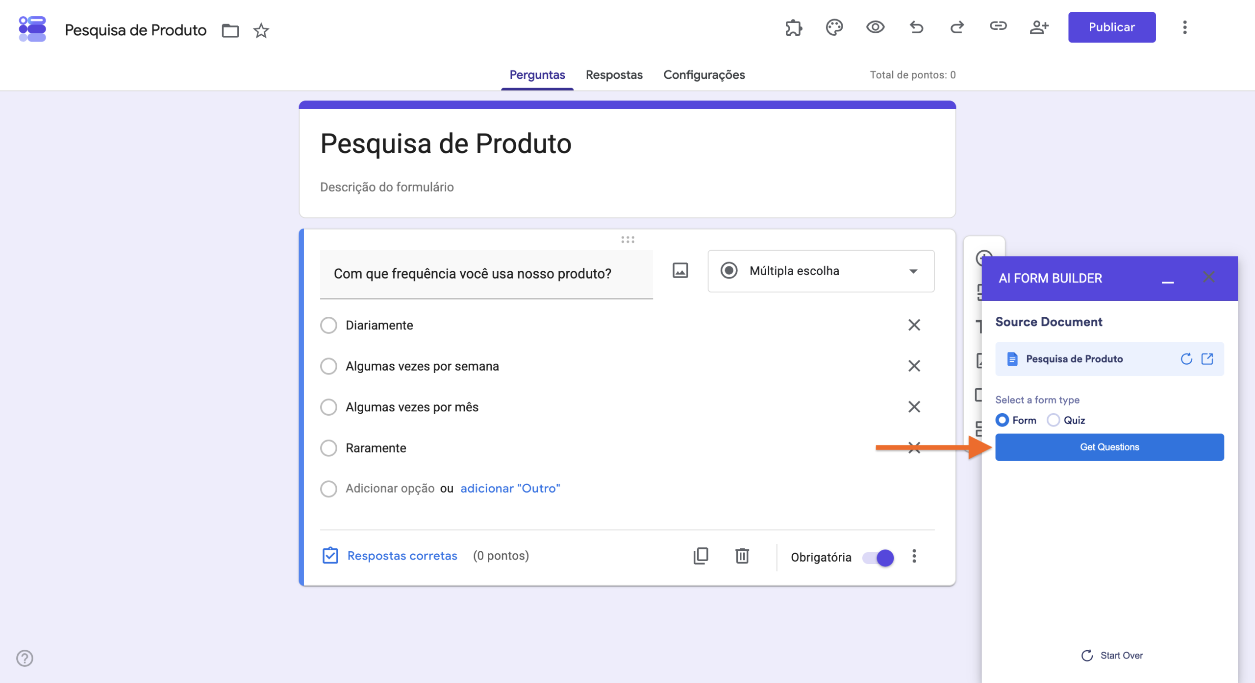 AI Form Builder clicando em Get Questions