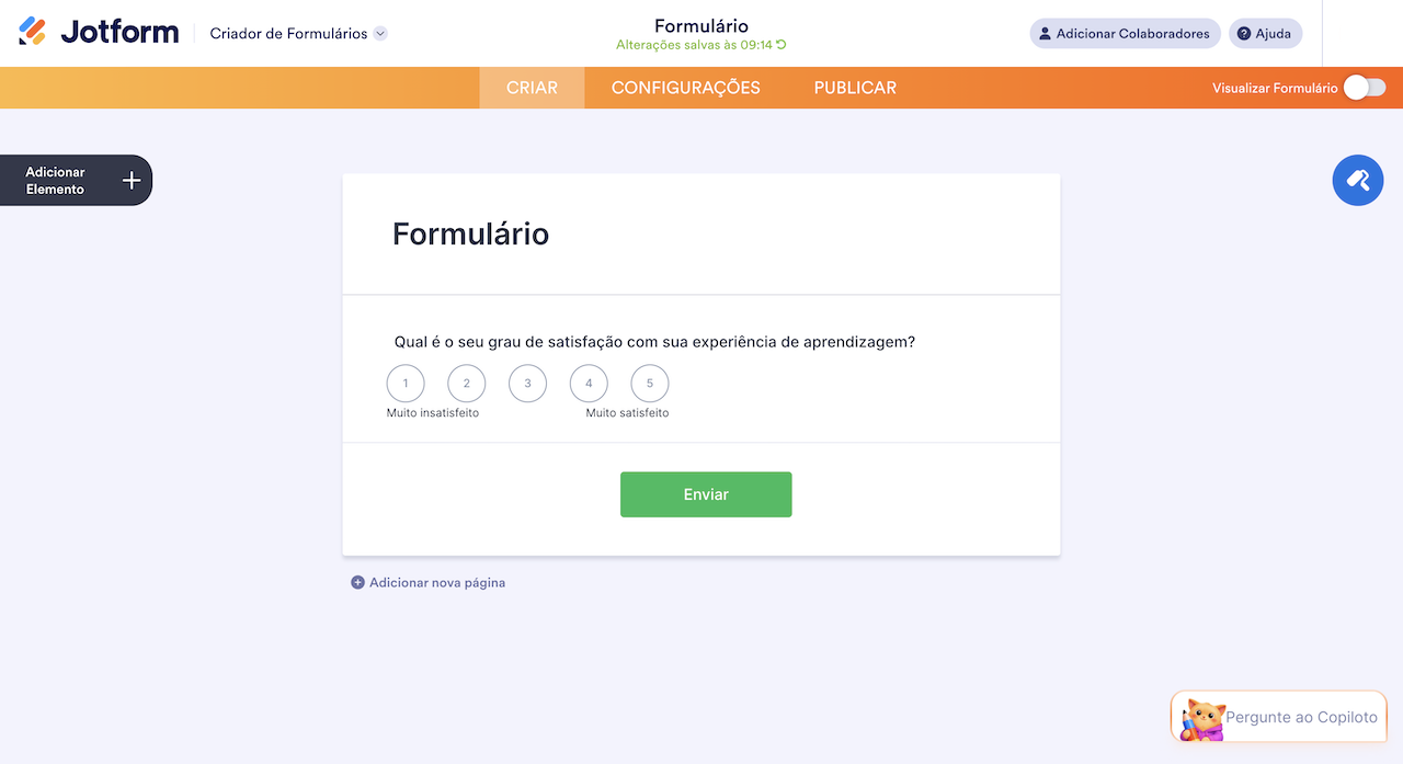 Pergunta de avaliação em escala no criador Jotform