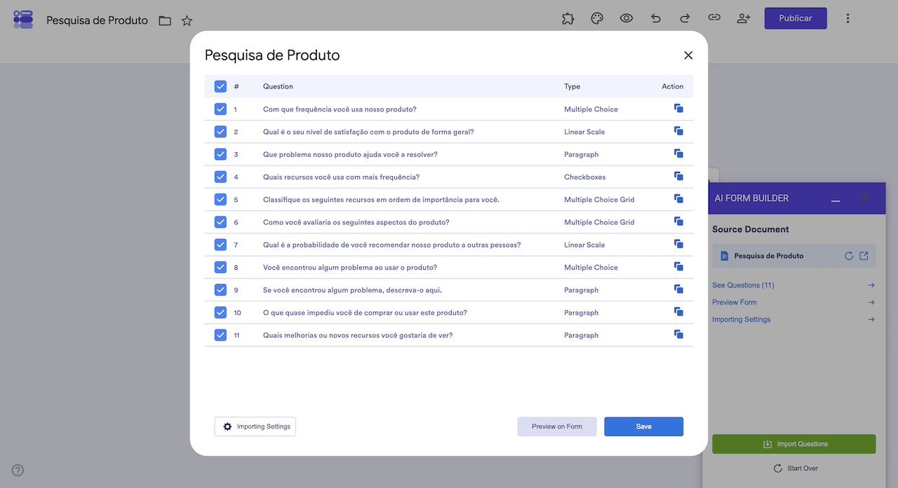 Perguntas geradas no IA Form Builder