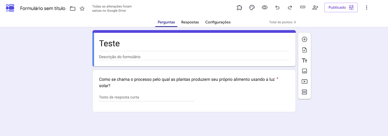 Pergunta de resposta curta no Formulários Google