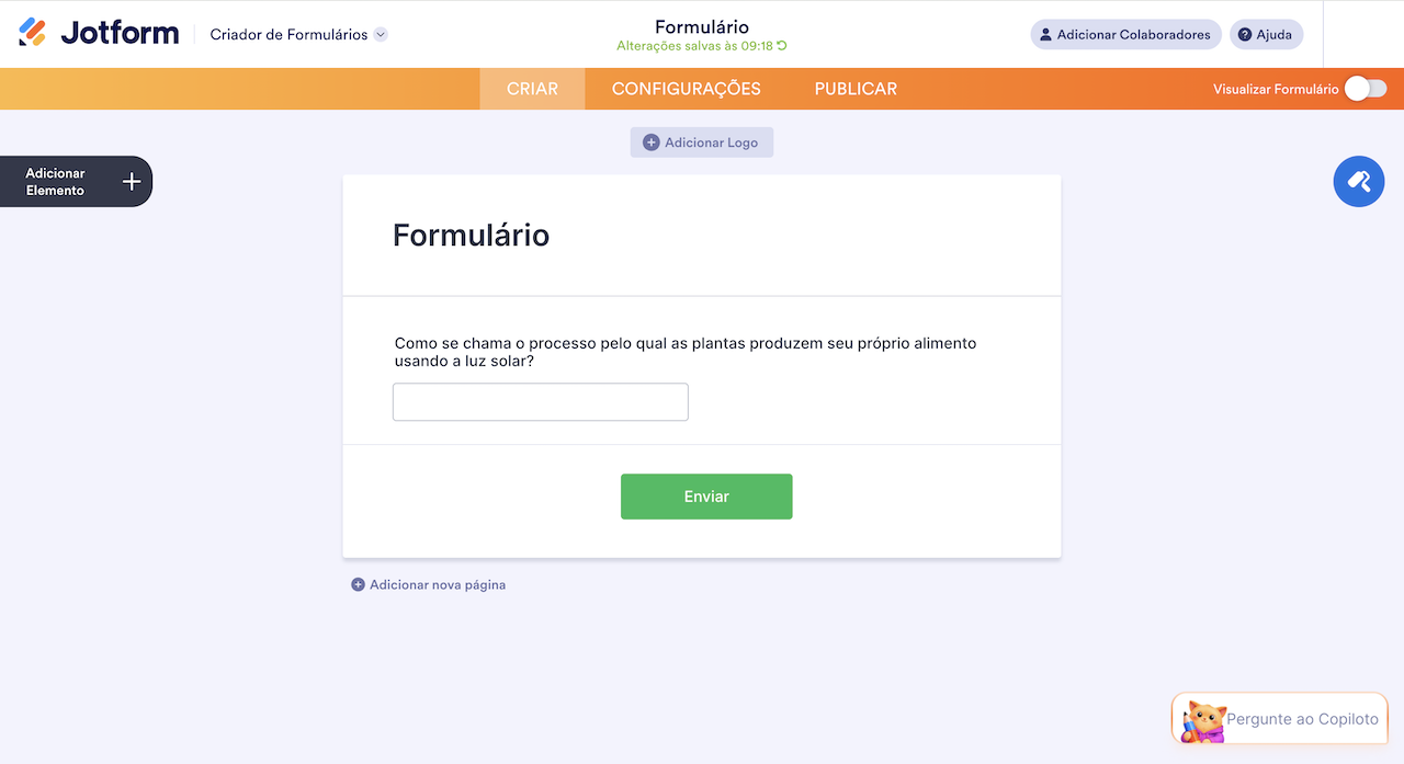 Pergunta de texto curto no criador Jotform
