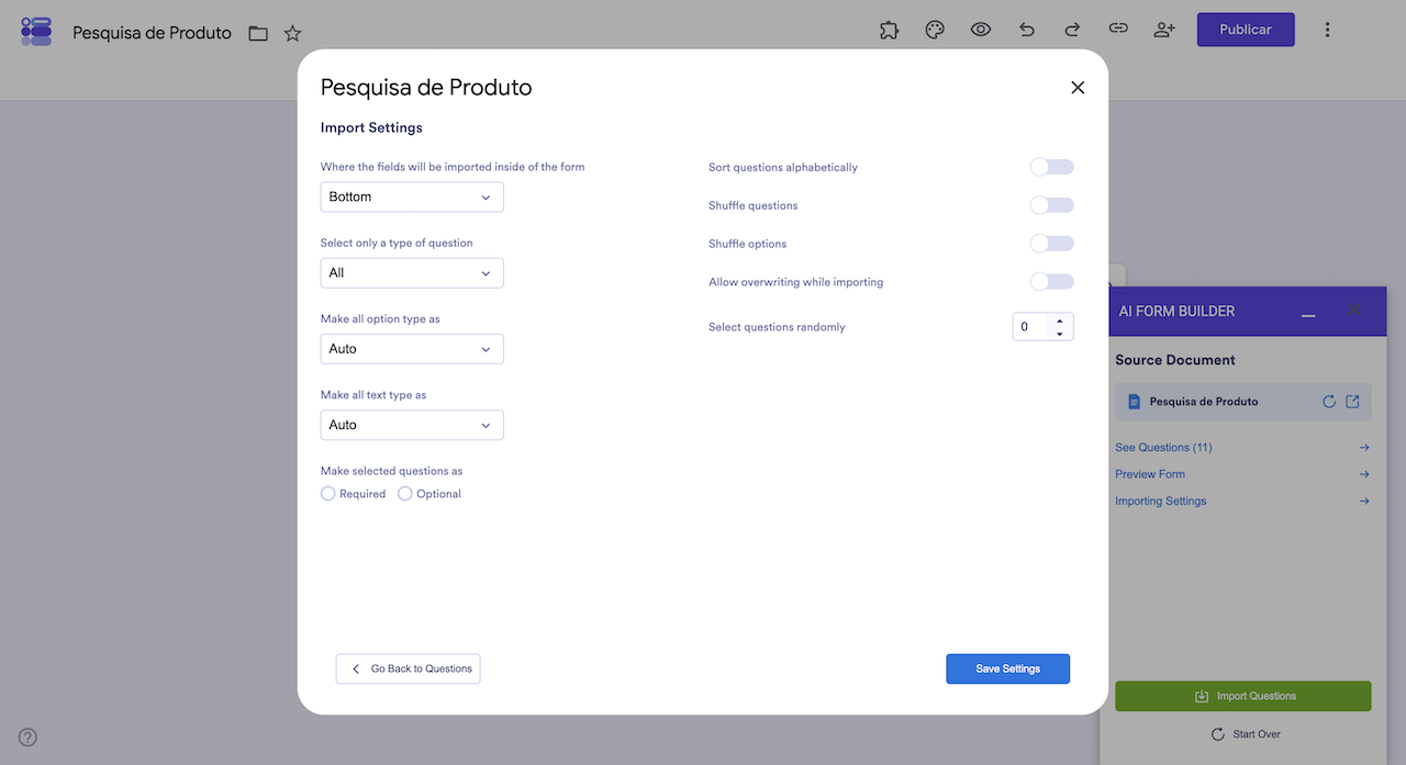 Menu Configurações de Importação do AI Form Builder