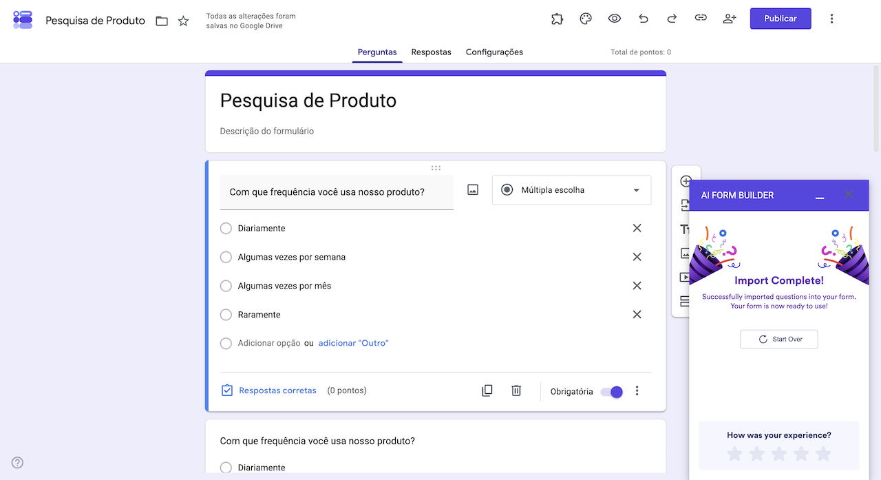 Tela de importação concluída no AI Form Builder