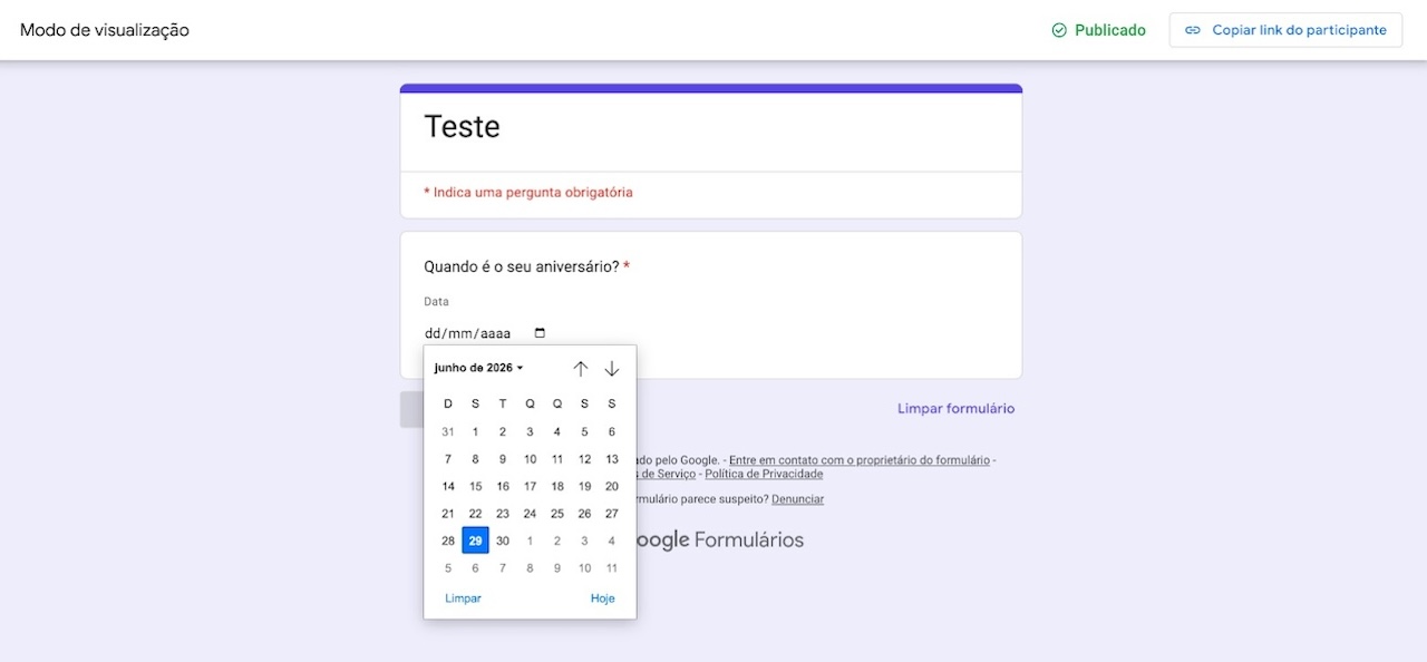 Pergunta de data no Formulários Google
