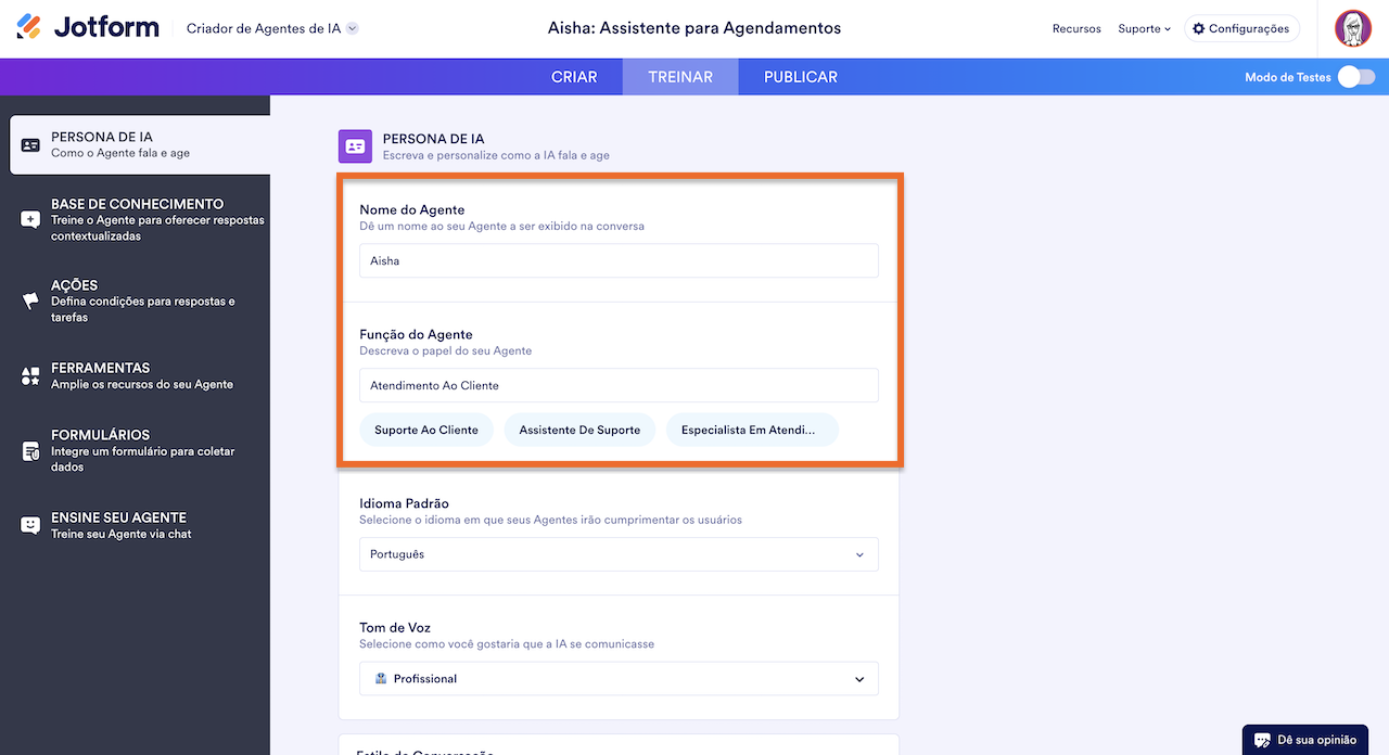 Configurações da Persona de IA