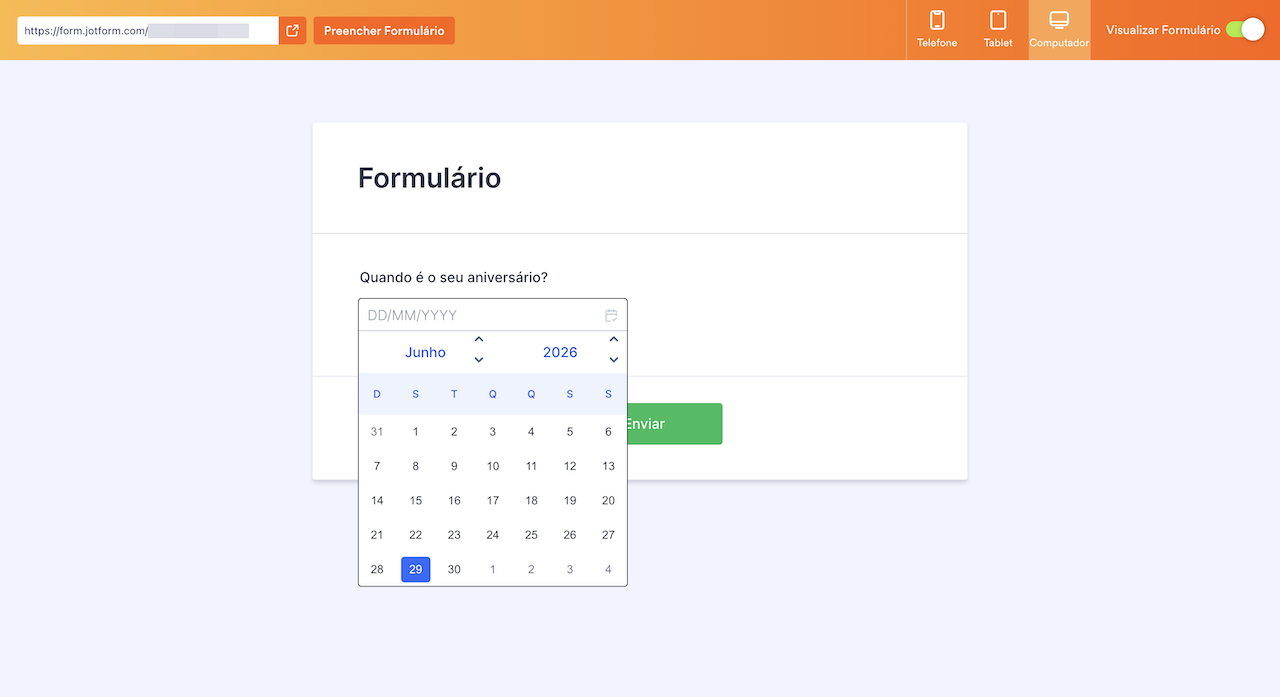Pergunta de data no criador Jotform