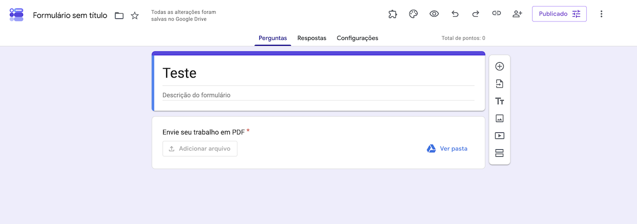 Pergunta de upload de arquivo no Formulários Google