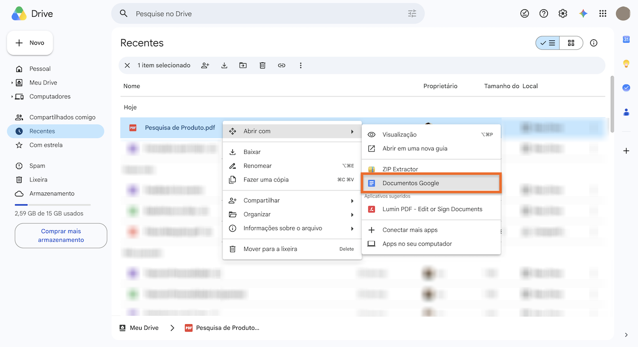 Abrir com > Documentos Google no Google Drive