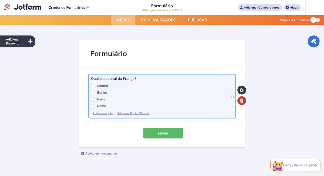 Pergunta de escolha única no criador Jotform