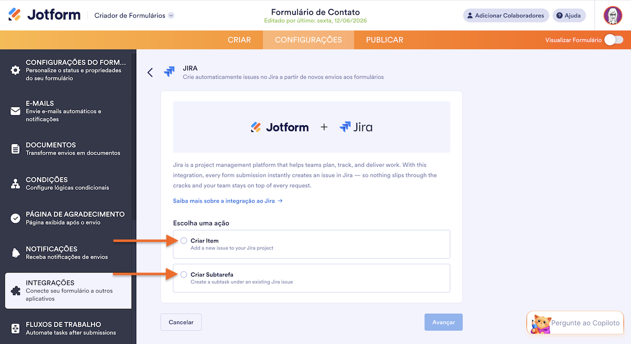 Visualizando as ações "Criar Item" e "Criar Subtarefa" na integração ao Jira