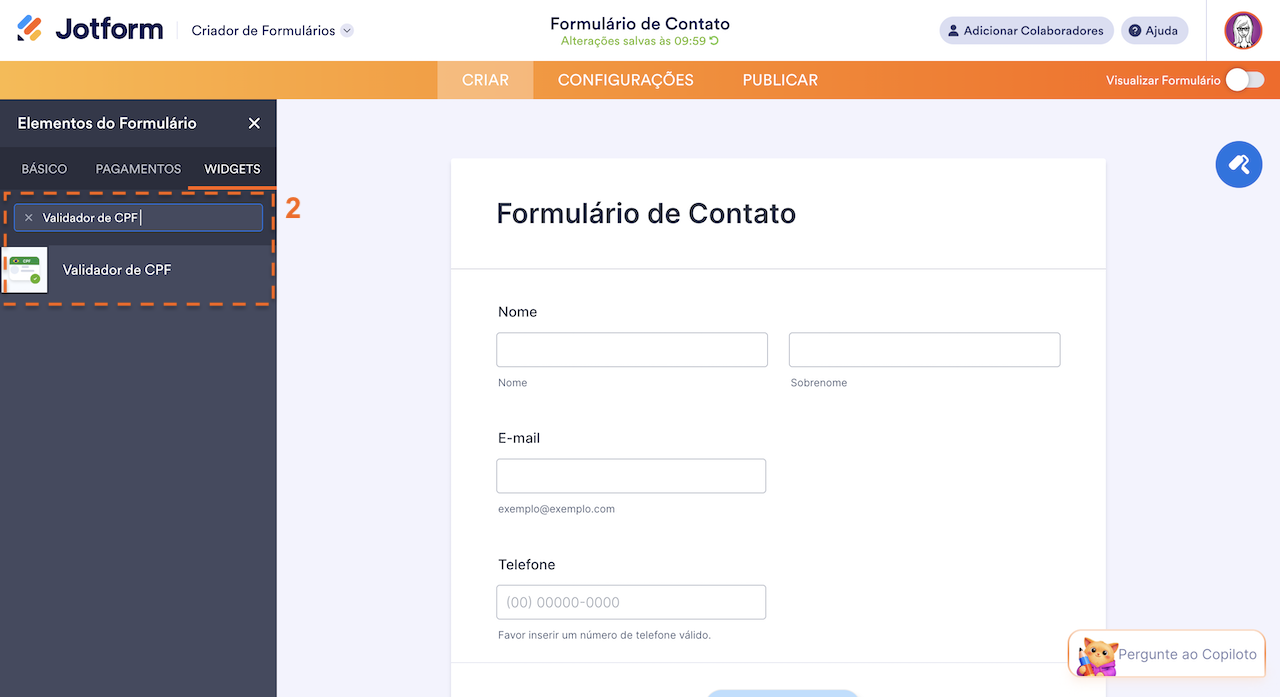 Aba Widgets dos Elementos do Formulário mostrando busca e seleção do widget Validador de CPF na ferramenta Jotform