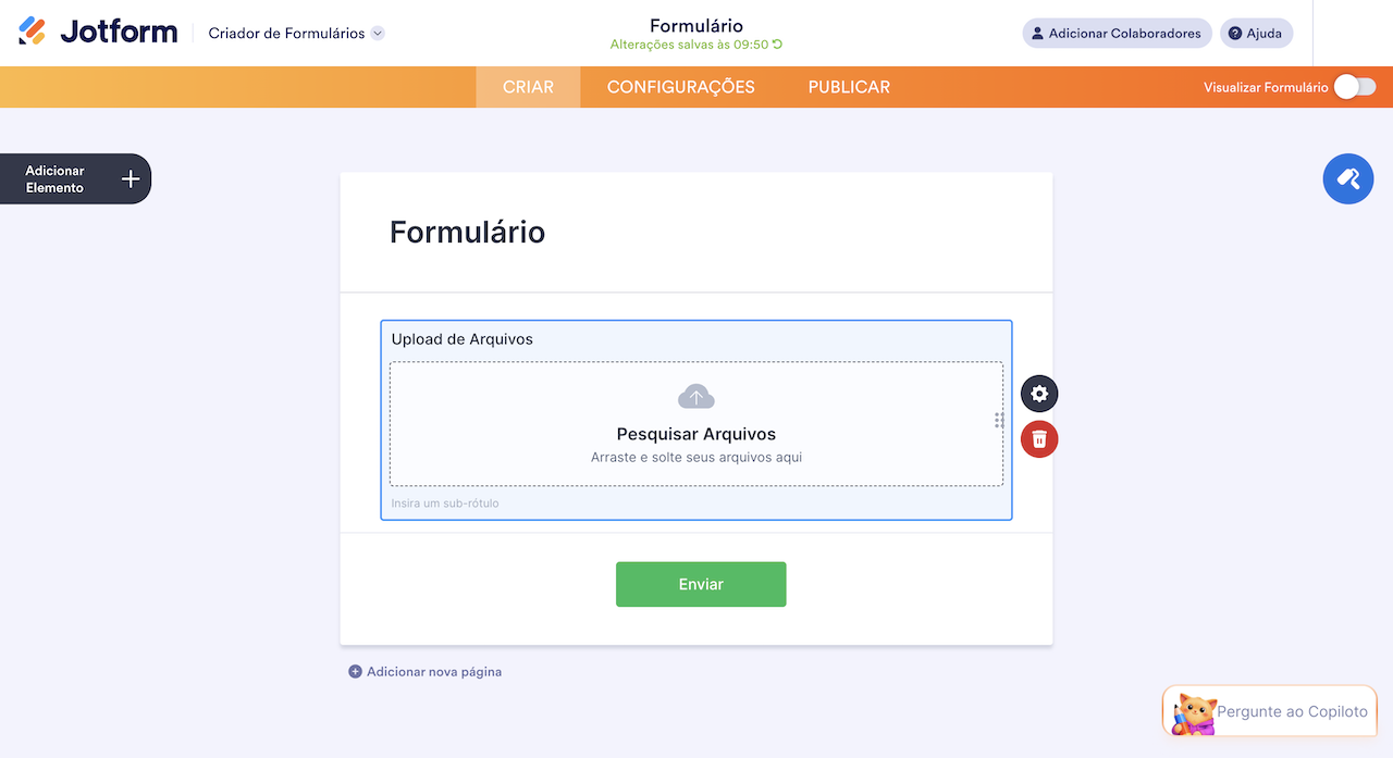 Pergunta de upload de arquivos no criador Jotform