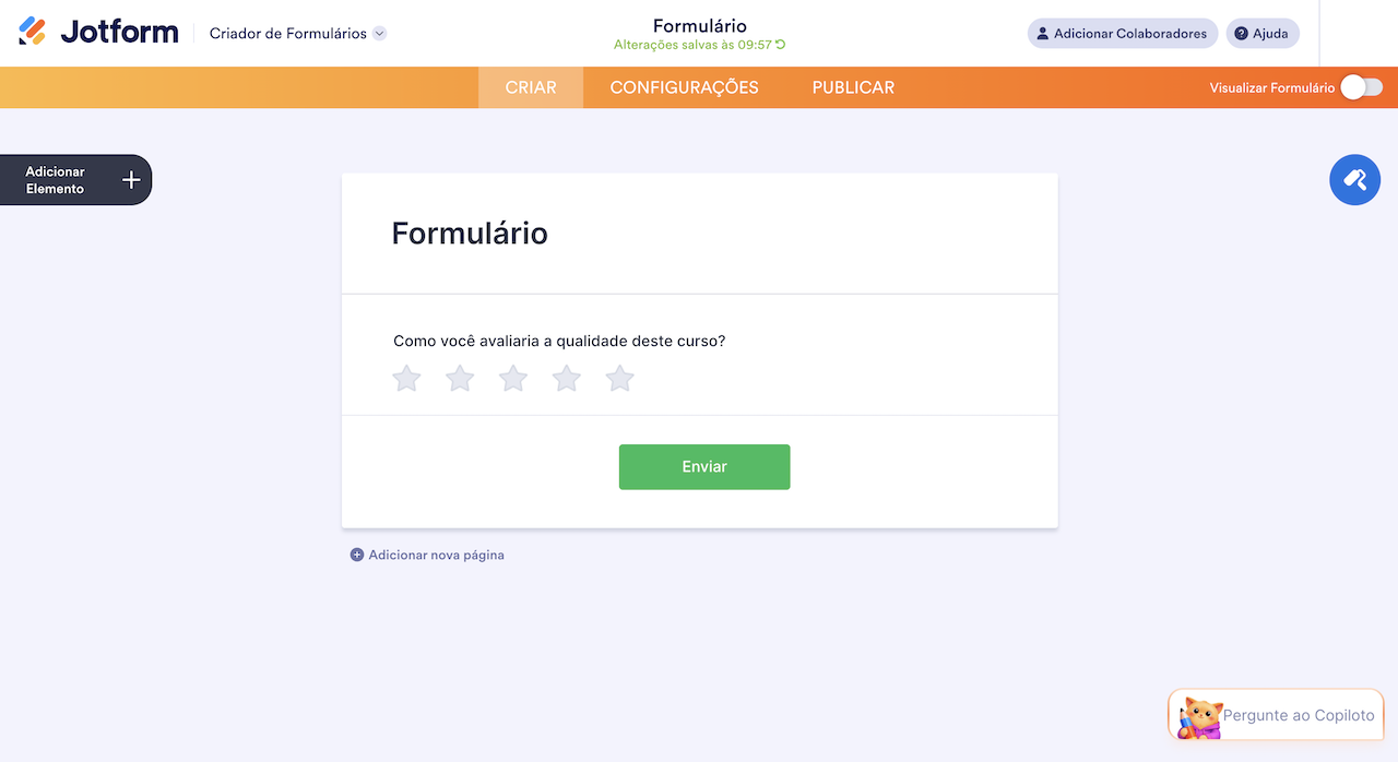 Pergunta de avaliação em estrelas no criador Jotform