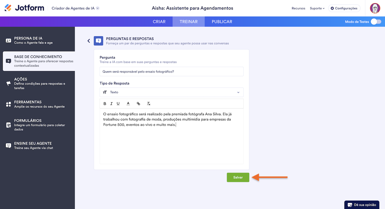 Adicionando conhecimento via Perguntas e Respostas