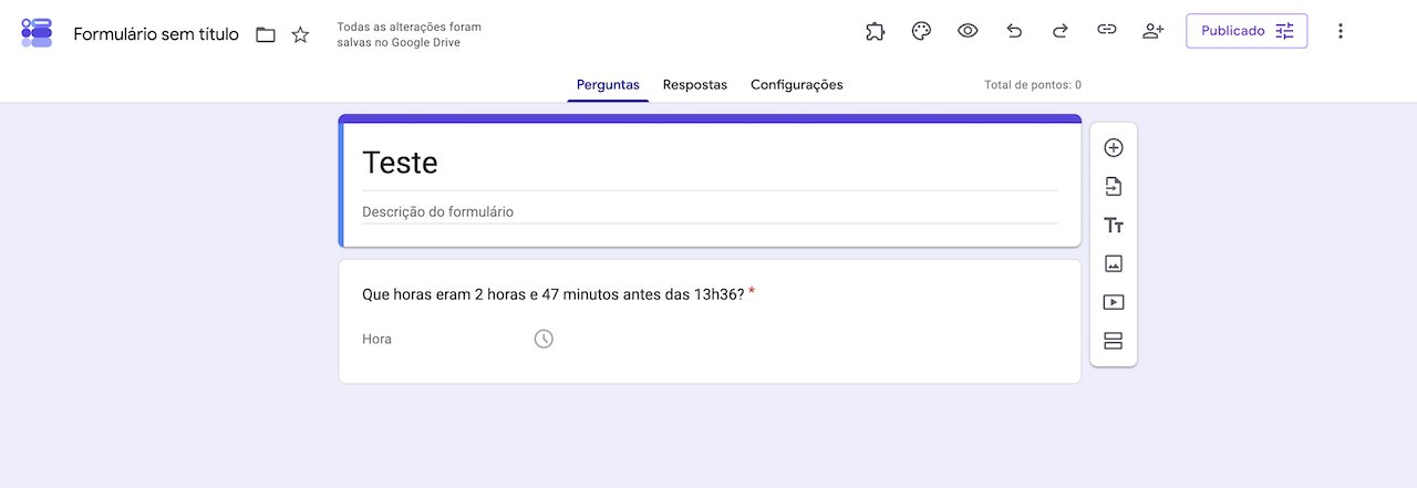 Pergunta de horário no Formulários Google