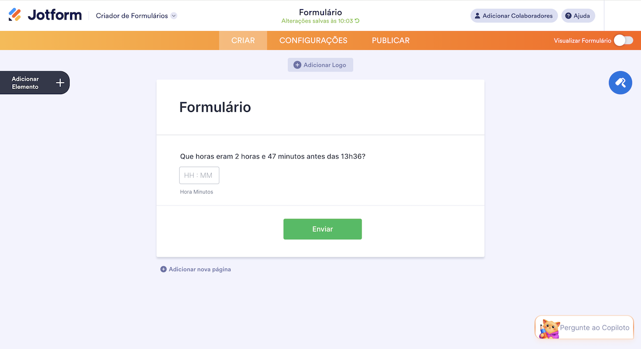 Pergunta de horário no criador Jotform