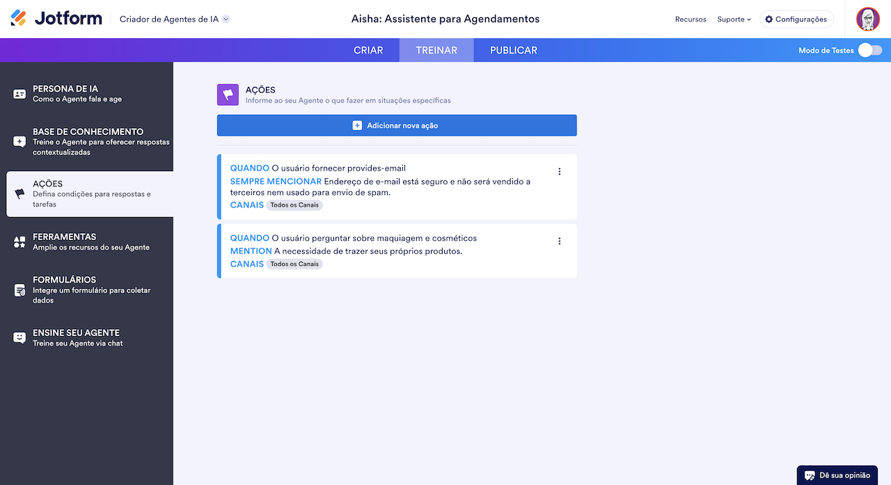 Lista de ações que podem ser adicionadas