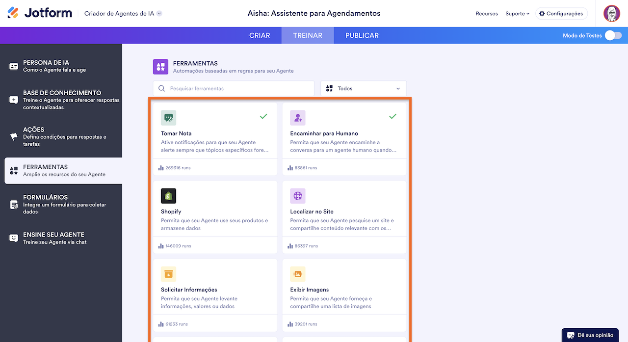 Lista de ferramentas que podem ser adicionadas