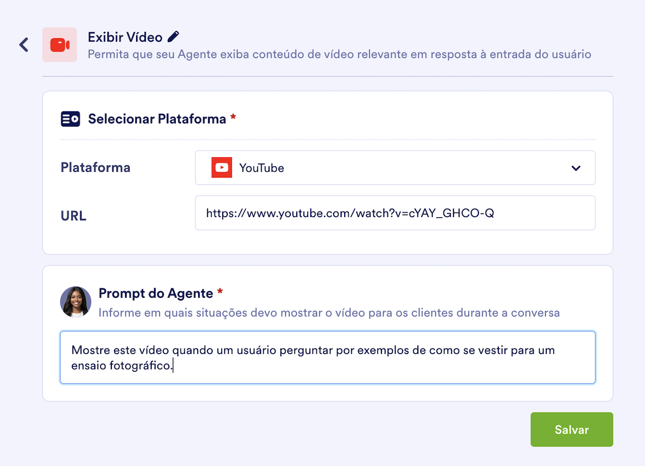 Configurações da ferramenta Exibir Vídeo