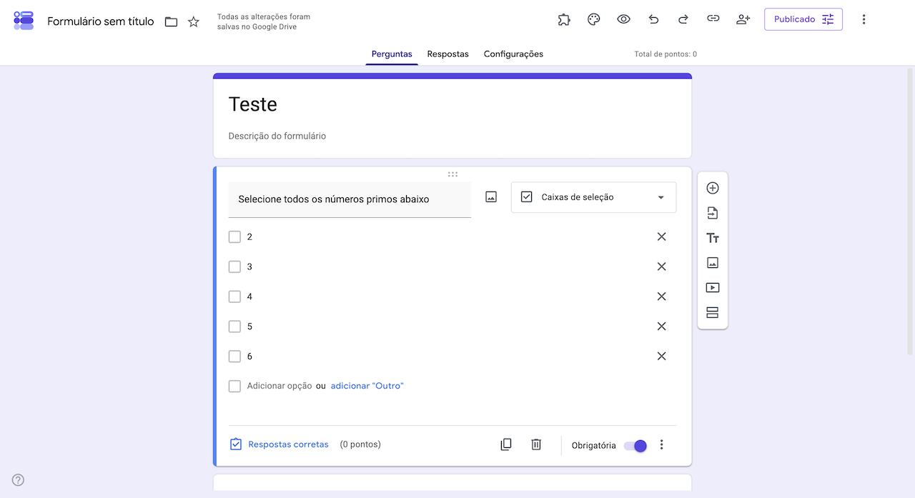 Pergunta de caixas de seleção no Formulários Google