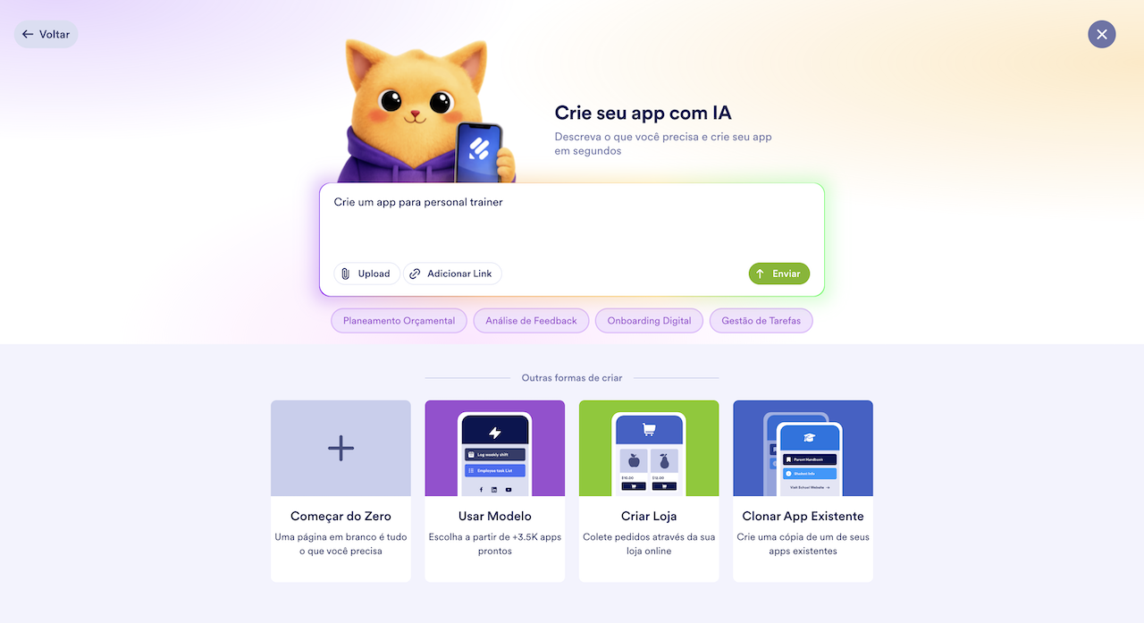 Descrevendo a ideia e clicando no botão Enviar na página Criar