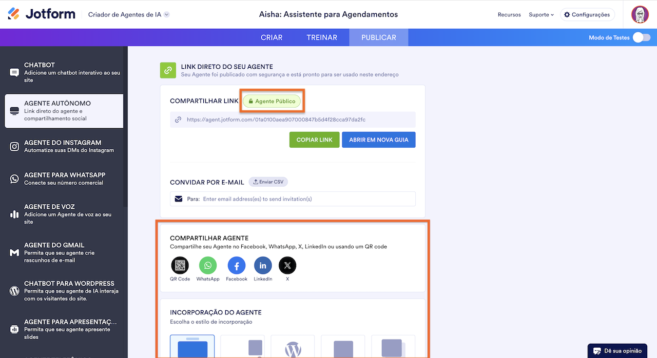 Configurações do agente autônomo e suas opções de compartilhamento