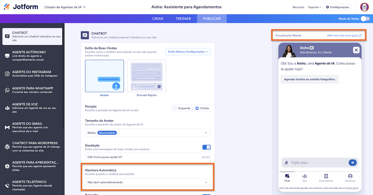 Configurações do agente chatbot