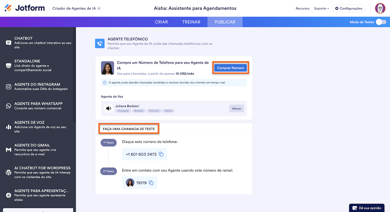 Configurações do agente telefônico