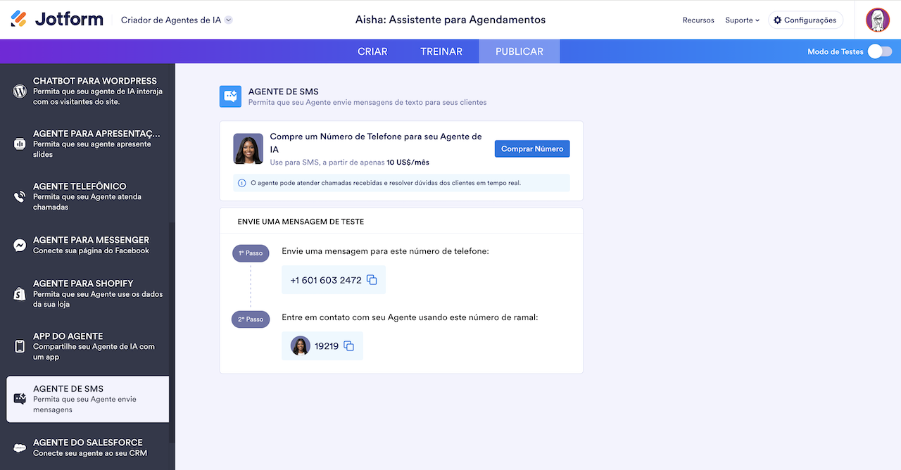 Configurações do agente de SMS