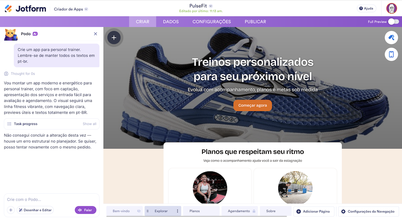 Visualizando o aplicativo na página do Criador de Apps
