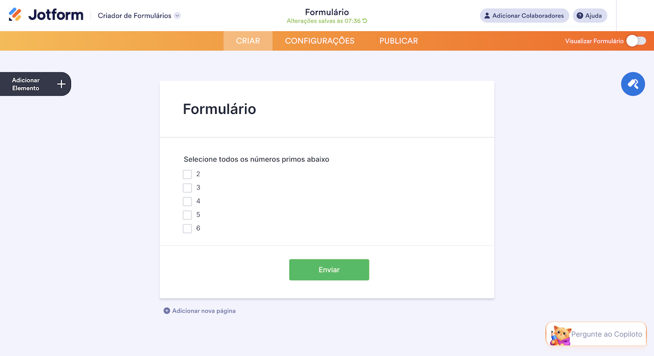 Pergunta de múltipla escolha no criador Jotform