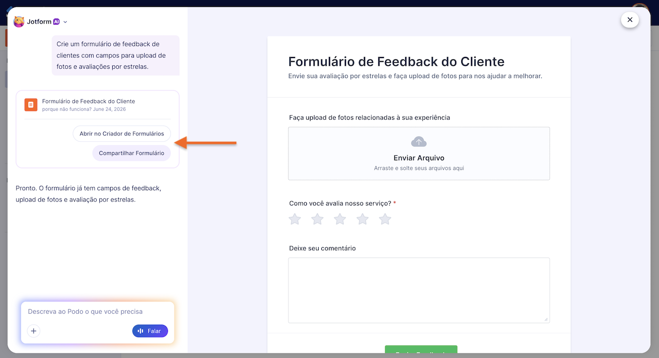 Visualização das opções Compartilhar formulário e Abrir no Criador de Formulários abaixo do Formulário de Feedback do Cliente na IA Jotform