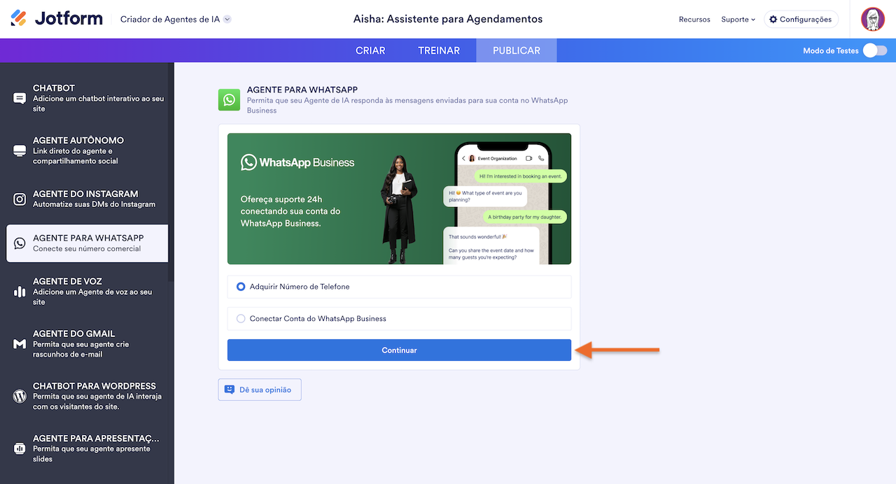 Configurações do agente para WhatsApp