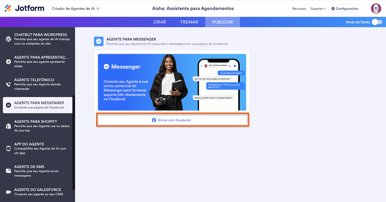 Configurações do agente para Messenger
