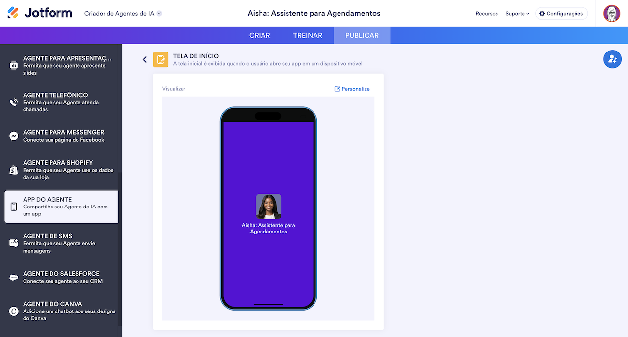 Configurações da tela de início do app do agente