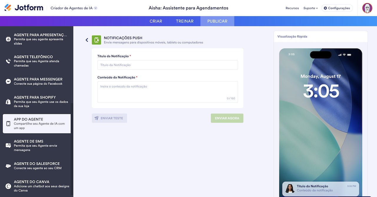 Configurações de notificações push do app do agente